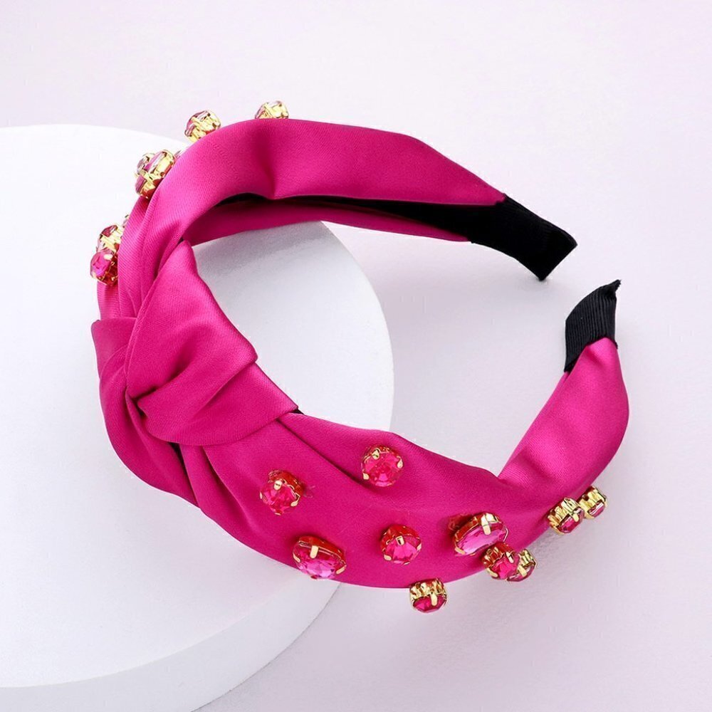 25. Fuchsia Pink Round Teardrop Stone Embellished Burnout Knot Headband